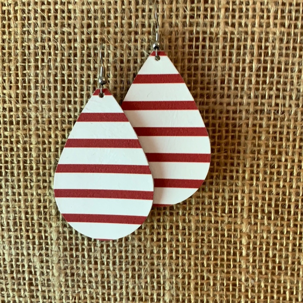 Faux Leather red and white stripe dangle earrings